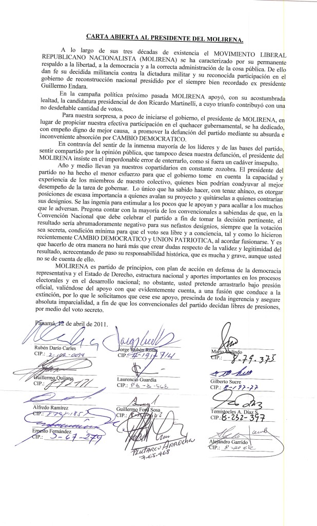 CARTA ABIERTA AL PRESIDENTE DEL MOLIRENA CARTA ABIERTA AL PRESIDENTE DEL MOLIRENA